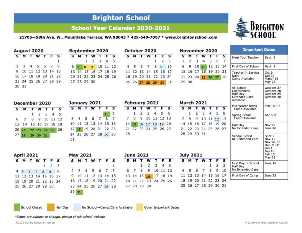 School Year Calendar Brighton School Mountlake Terrace, WA
